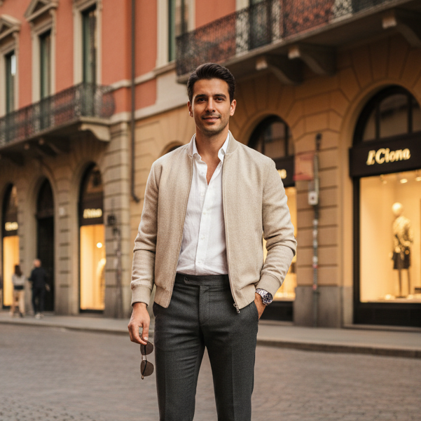 A stylish Italian man in his early 30s poses confidently in a charming Milanese street lined with elegant architecture, warm-toned buildings, and cobblestone paths. He wears refined, minimalist fashion: tailored trousers, a crisp shirt, and a lightweight jacket with effortless Italian flair. Soft natural sunlight enhances the sophisticated mood, creating subtle shadows and a warm glow. The scene blends modern elegance and classic Italian lifestyle, capturing the essence of Milan fashion culture. High-qualit